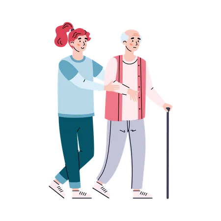 Woman helps elderly man to move  Illustration