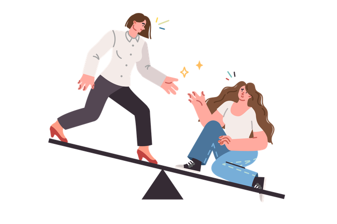 Woman helps friend get up after fall showing empathy and sympathy for colleague in trouble  Illustration