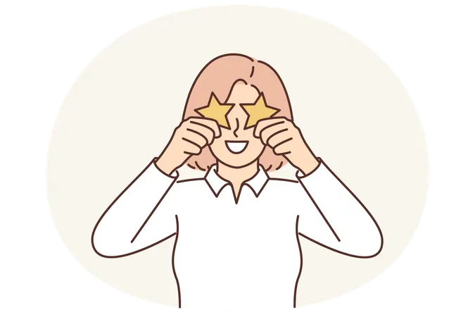 Woman hides eyes behind stars demonstrating assessment of quality of service in restaurant  Illustration