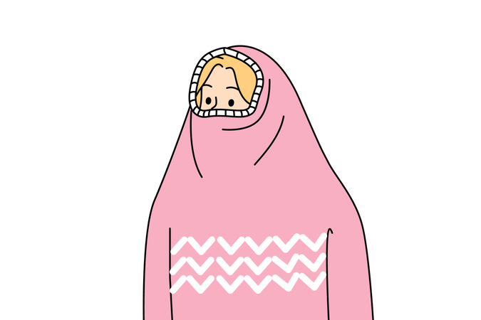 Woman hides face under sweater to keep warm in cold winter weather and not get flu  イラスト