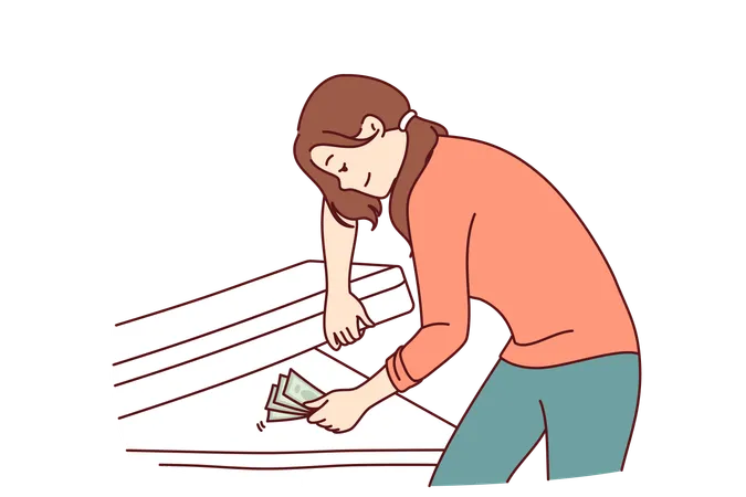 Woman hides money under mattress  Illustration