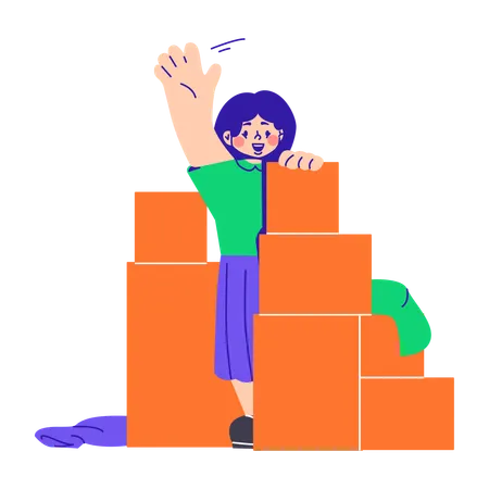 Woman Hiding Behind Boxes  Illustration