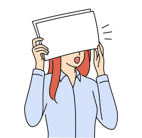 Woman hiding face to paper  Illustration