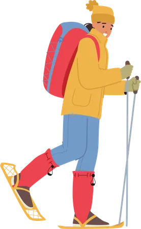Woman Hiker Bundled In Winter Gear Wears Snowshoes Wields Trekking Poles And Carries A Loaded Backpack Female Character Ready To Explore The Snow Covered Wilderness Cartoon Vector Illustration Illustration