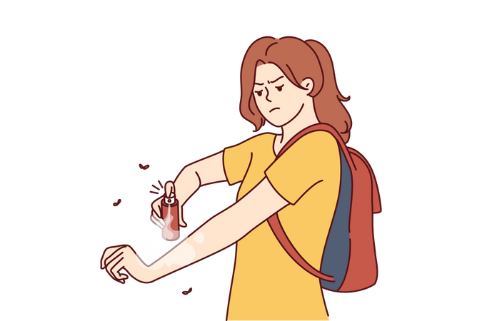 Woman hiker applies anti-malarial mosquito bite spray while hiking in wilderness in tropical area  Illustration