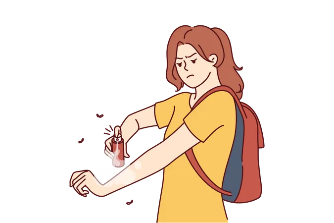 Woman hiker applies anti-malarial mosquito bite spray while hiking in wilderness in tropical area  Illustration