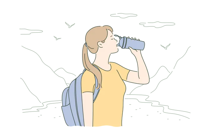 Woman hiker tourist with backpack standing in mountain valley and drinking water  Illustration