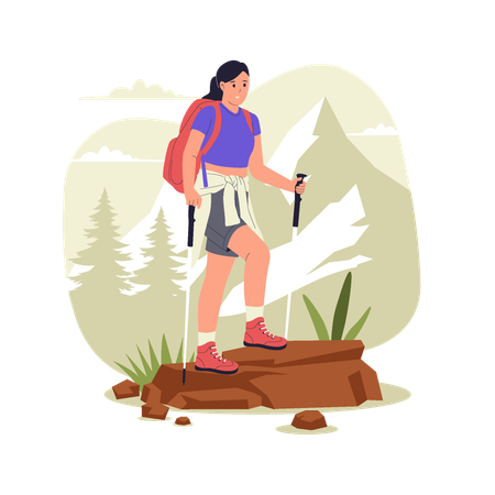 Woman Hiking with Backpack and Trekking Poles in Mountain  Illustration