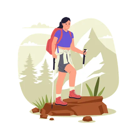Woman Hiking with Backpack and Trekking Poles in Mountain  Illustration