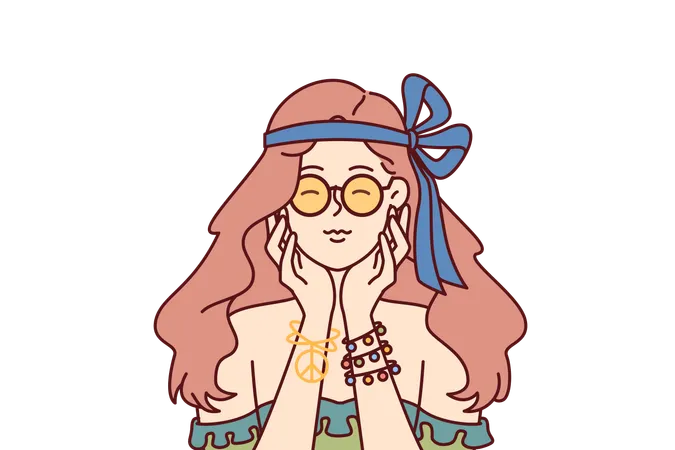 Hippie Woman With Pacifist Bracelet Closes Eyes And Touches Chin Remembering Woodstock Music Festival Girl Is Fan Of Hippie Subculture Personifying Ideas Of Peace And Fight Against War Illustration