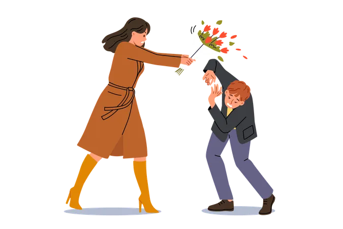 Woman Hits Groom With Bouquet Because Of Betrayal And Finding Out Fact Of Adultery Conflict Between Man And Angry Girlfriend Reacting Negatively To Advances Or Gifts After Adultery Illustration