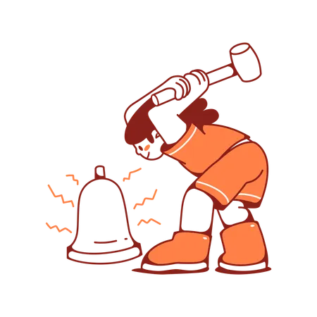 Woman hitting bell with hammer  Illustration