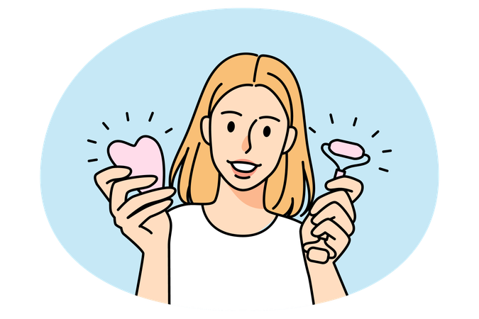 Woman hold jade roller and gua sha  Illustration
