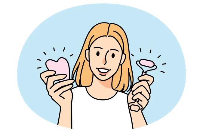 Woman hold jade roller and gua sha  Illustration