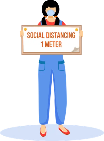 Woman hold sign of Social distancing 1 meter Illustration