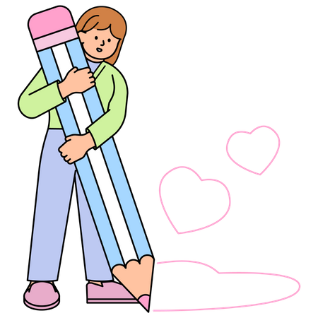 Woman Holding a Big Pencil and Drawing a Heart  イラスト