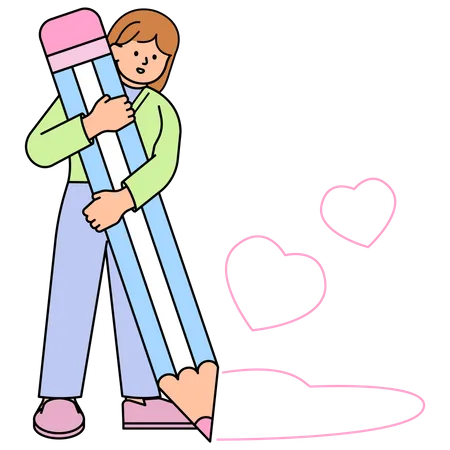 Woman Holding a Big Pencil and Drawing a Heart  Illustration