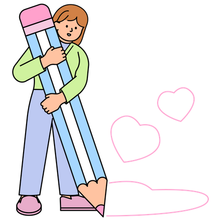 Woman Holding a Big Pencil and Drawing a Heart  Illustration