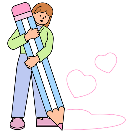 Woman Holding a Big Pencil and Drawing a Heart  Illustration