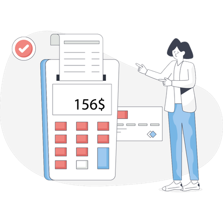 Woman holding a calculator and a paper with numbers focused on her financial calculations  Illustration