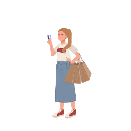 Shopping Concept Woman Holding A Credit Card And Shopping Bags In Her Hands Flat Cartoon Vector Illustration Illustration