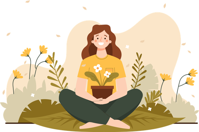 Woman Holding A Flower Pot  Illustration