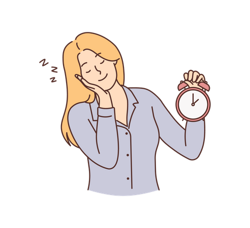 Woman holding alarm clock while sleeping  Illustration