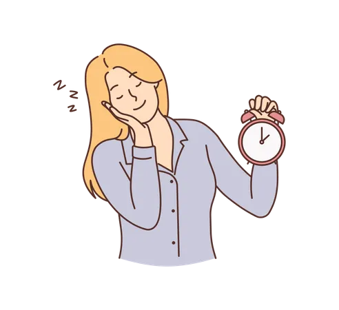 Woman holding alarm clock while sleeping  Illustration