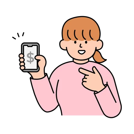 Woman Holding and Pointing to Phone for Checking Finances  Illustration