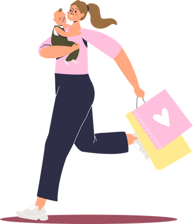 Woman holding baby and running for shopping  Illustration