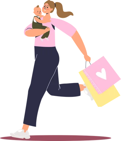 Woman holding baby and running for shopping  Illustration