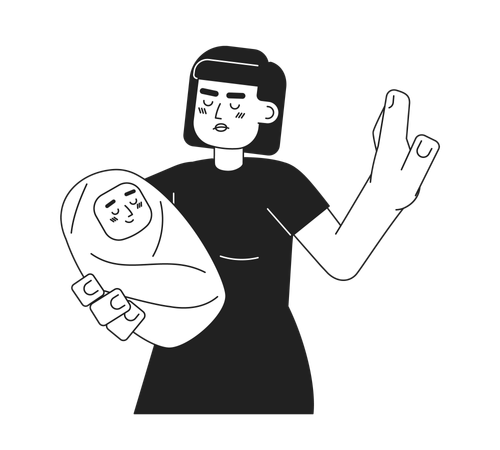 Woman holding baby and showing stop gesture  イラスト