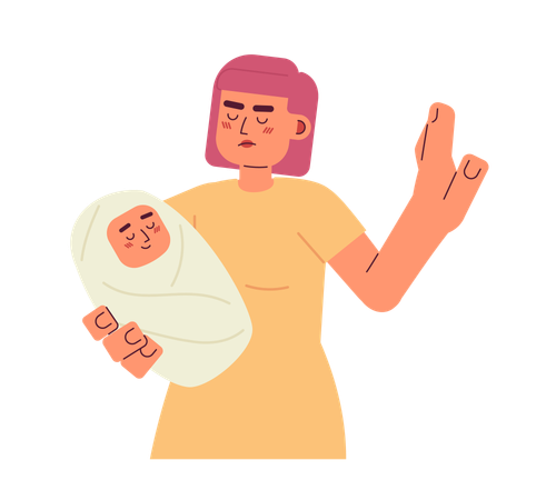 Woman holding baby and showing stop gesture  Illustration