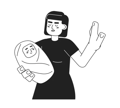 Woman holding baby and showing stop gesture  Illustration