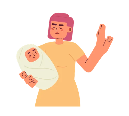 Woman holding baby and showing stop gesture  Illustration