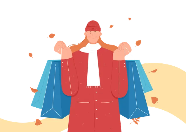 Woman Holding Bags Shopping On Autumn Sales In Retail Stores Vector Illustration Cartoon Happy Young Female Customer Carrying Gifts And Presents In Paper Bags Girl In Warm Apparel Scarf And Hat Illustration