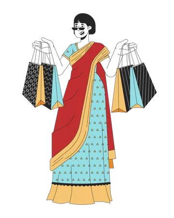Saree Korean Woman Holding Bags For Diwali Celebration 2 D Linear Cartoon Character Adult Female Isolated Line Vector Person White Background Hindu Festival Deepawali Color Flat Spot Illustration Illustration