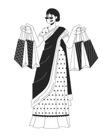 Saree Korean Woman Holding Bags For Diwali Celebration Black And White 2 D Line Cartoon Character Adult Female Isolated Vector Outline Person Hindu Deepawali Monochromatic Flat Spot Illustration Illustration