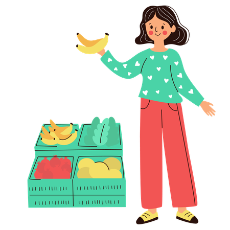 Woman holding bananas at market  Illustration