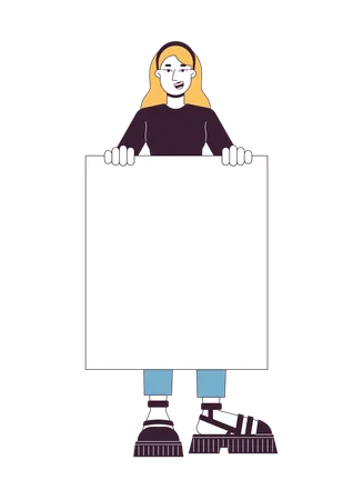 Woman Holding Banner Flat Line Color Vector Character Supportive Demonstration Positive Girl Editable Outline Full Body Person On White Simple Cartoon Spot Illustration For Web Graphic Design Illustration