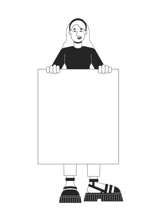 Woman Holding Banner Flat Line Black White Vector Character Supportive Demonstration Positive Editable Outline Full Body Person Simple Cartoon Isolated Spot Illustration For Web Graphic Design Illustration