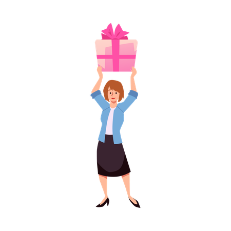 Woman holding big gift box above her head  Illustration