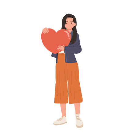 Woman holding big red heart as a symbol of self-love  Illustration