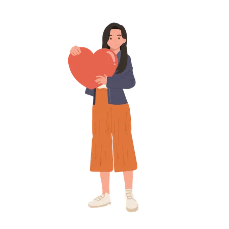 Woman holding big red heart as a symbol of self-love  Illustration