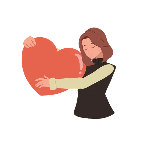 Woman holding big red heart as a symbol of self-love  Illustration