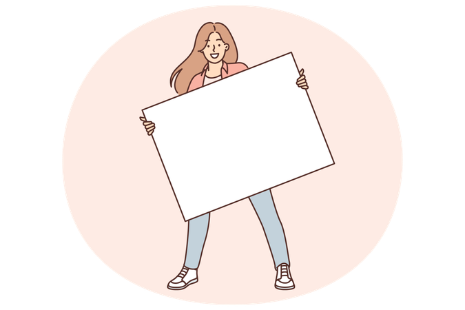 広告ロゴを貼るための空白のバナーを持っている女性  イラスト