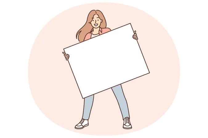 広告ロゴを貼るための空白のバナーを持っている女性  イラスト