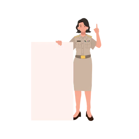 Female Thai Government Officers In Uniform Woman Thai Teacher With Blank Board Placard Vector Illustration Illustration