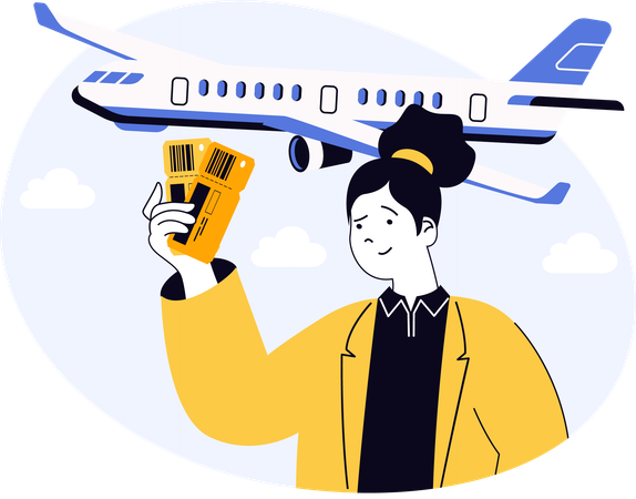 Woman holding boarding pass for international travel  Illustration