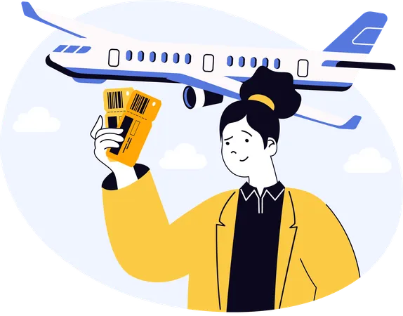 Woman holding boarding pass for international travel  Illustration